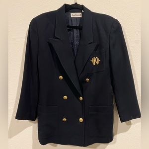 Vintage Anne Klein navy blue blazer with gold buttons and embroidery on pocket